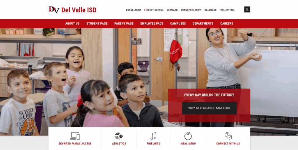 Del Valle ISD site - full width image with slidewho superimosed and graphical links