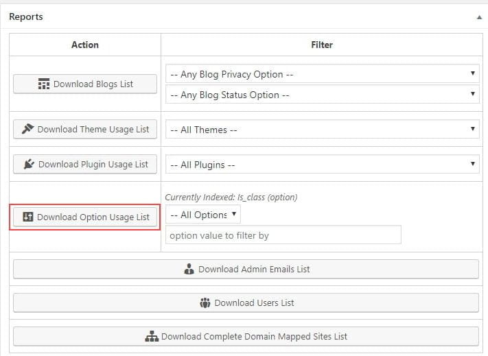 Options usage list