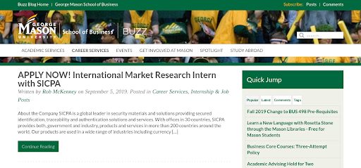 Screenshot of Mason University blog. 