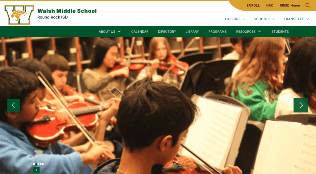 Screenshot of the Walsh Middle School home page.
