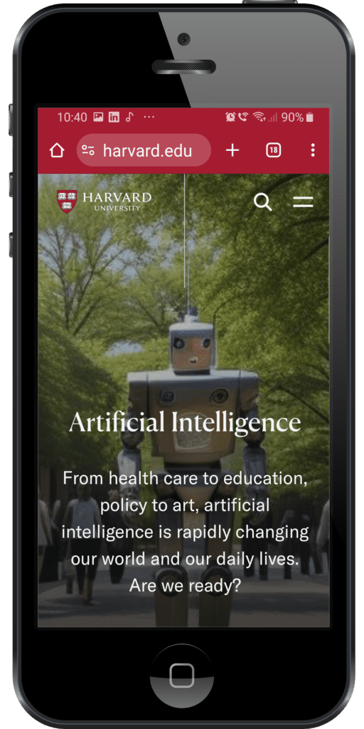 Image of iPhone displaying mobile version of Harvard University website.