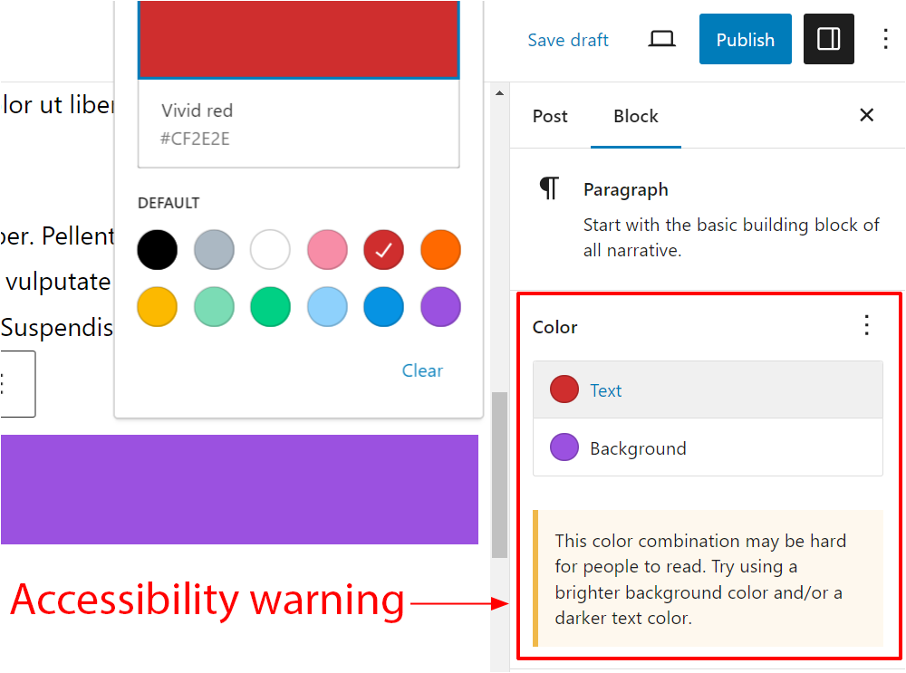Screenshot of accessibility warning in WordPress block.